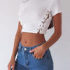 Women Short Sleeve Stand Collar Lace Up Crop Top - Image 2