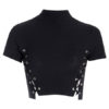 Women Short Sleeve Stand Collar Lace Up Crop Top - Image 4