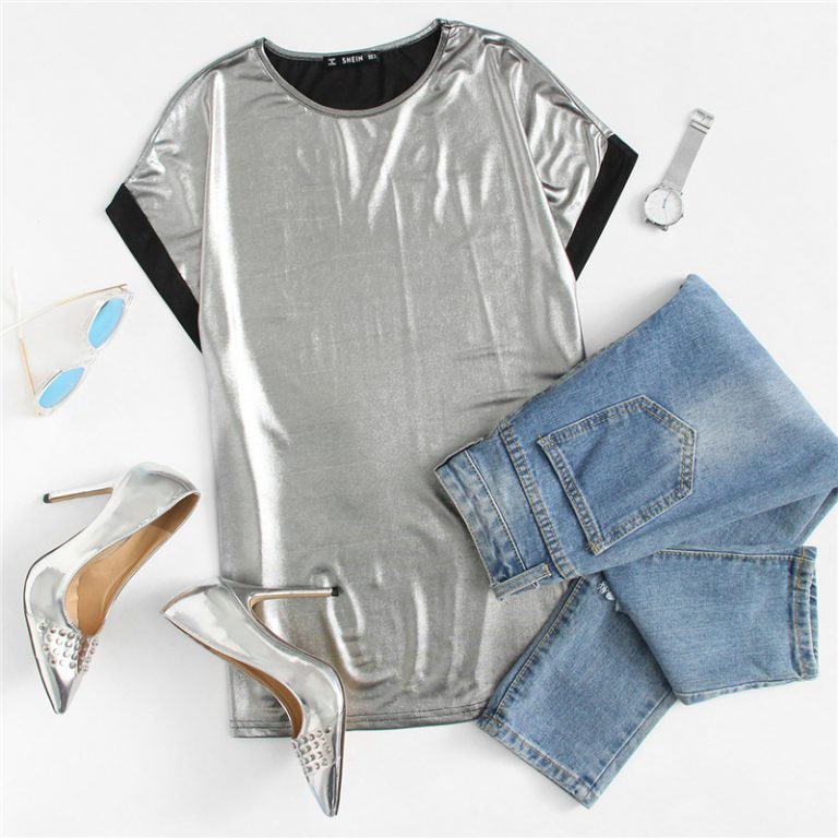 Women Silver Short Sleeve O Neck Regular Fit T-shirt - Image 2