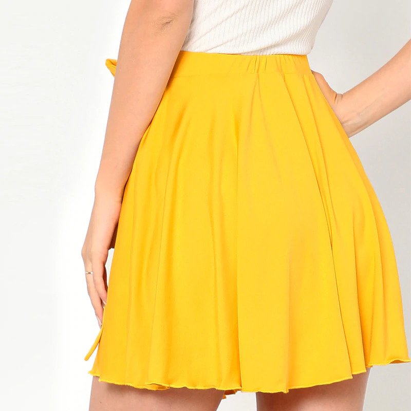 Women Solid Yellow Elastic Waist Self Belted Overlap Skirt - Image 2