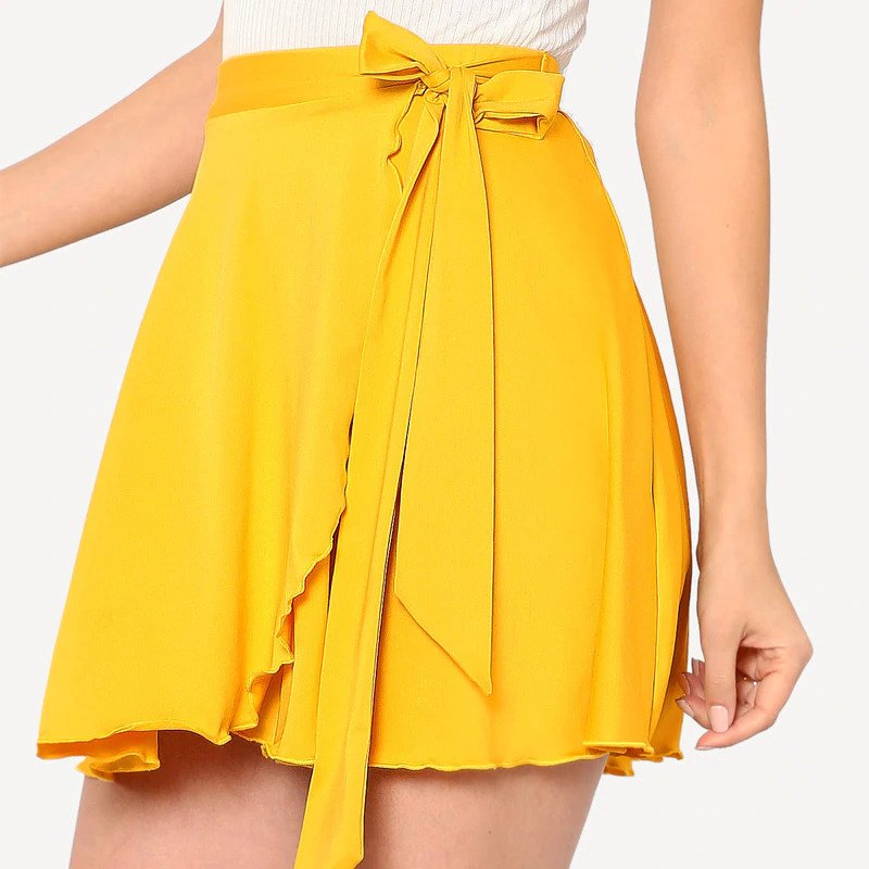 Women Solid Yellow Elastic Waist Self Belted Overlap Skirt - Image 3