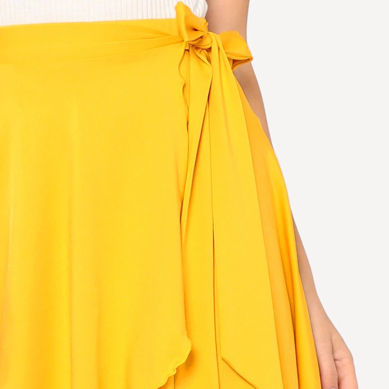 Women Solid Yellow Elastic Waist Self Belted Overlap Skirt - Image 4
