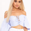Women Striped Lace Up Off The Shoulder Crop Top - Image 3