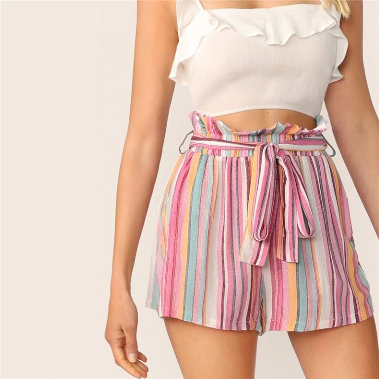 Women Striped Paper bag Waist Slant Pocket Belted Shorts