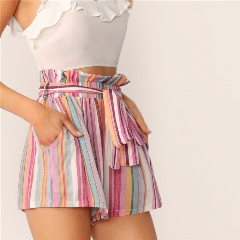 Women Striped Paper bag Waist Slant Pocket Belted Shorts - Image 4