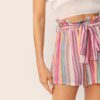 Women Striped Paper bag Waist Slant Pocket Belted Shorts - Image 2