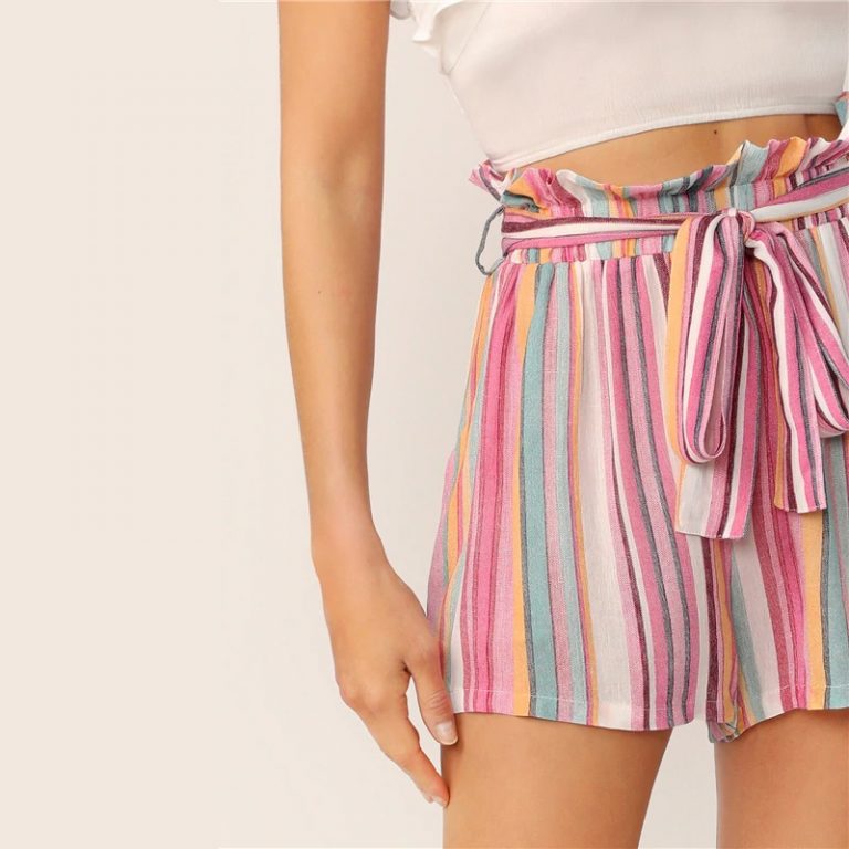 Women Striped Paper bag Waist Slant Pocket Belted Shorts - Image 2
