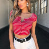 Women Striped Short Sleeve Buttons Crop Top