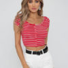 Women Striped Short Sleeve Buttons Crop Top - Image 2