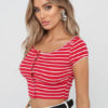 Women Striped Short Sleeve Buttons Crop Top - Image 3