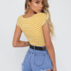 Women Striped Short Sleeve Buttons Crop Top - Image 5