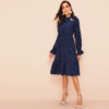 Women Tie Neck Allover Heart Print Flounce Sleeve Midi Dress - Image 4