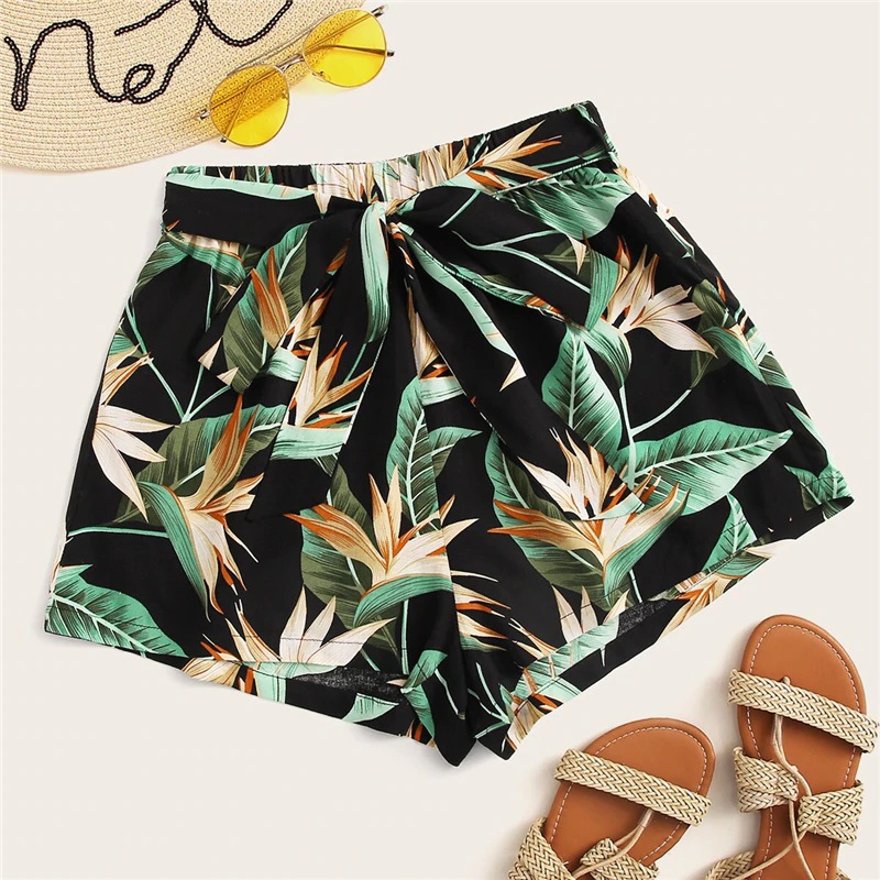 Women Tropical Print Belted Bohemian Shorts