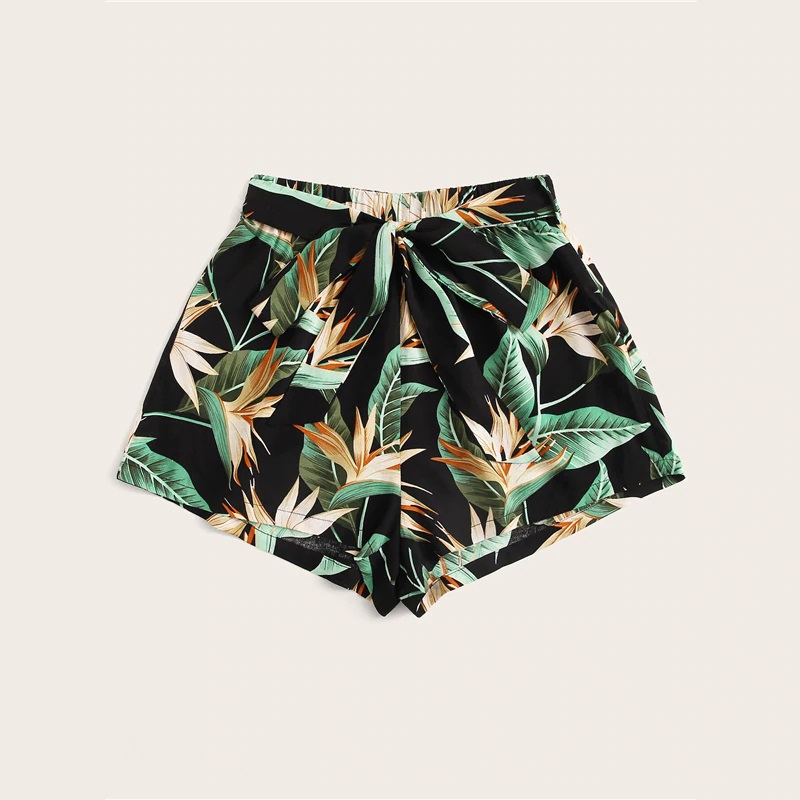 Women Tropical Print Belted Bohemian Shorts - Image 3