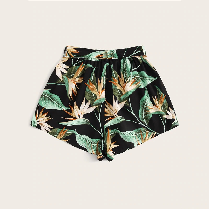 Women Tropical Print Belted Bohemian Shorts - Image 2