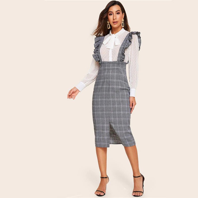 Women Split Hem Ruffle Trim Strap Glen Plaid Skirts