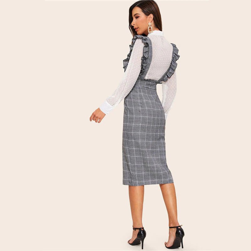 Women Split Hem Ruffle Trim Strap Glen Plaid Skirts - Image 2