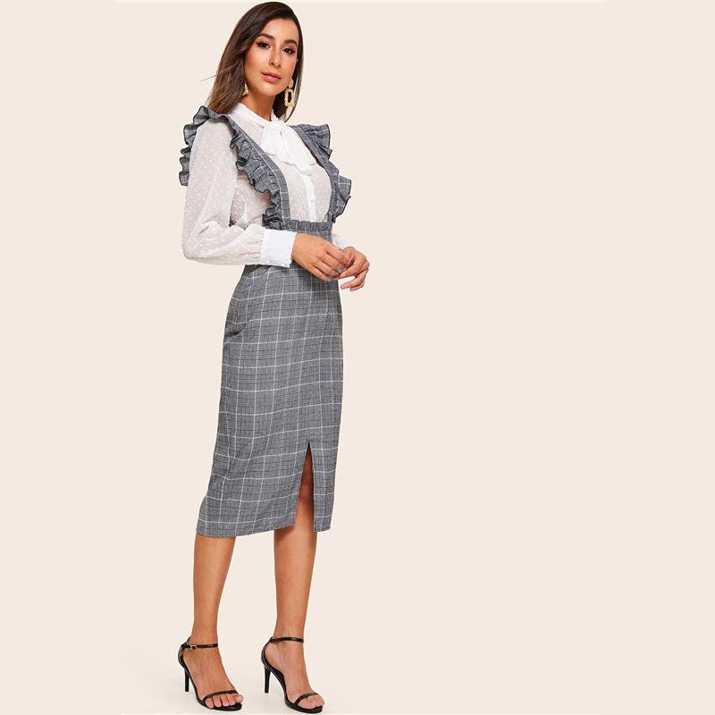 Women Split Hem Ruffle Trim Strap Glen Plaid Skirts - Image 3