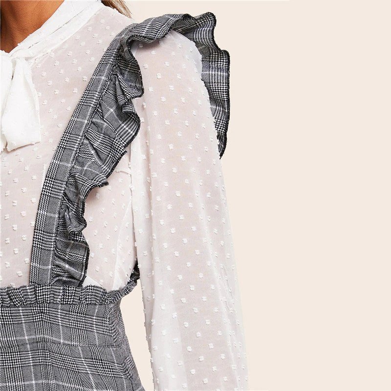 Women Split Hem Ruffle Trim Strap Glen Plaid Skirts - Image 4