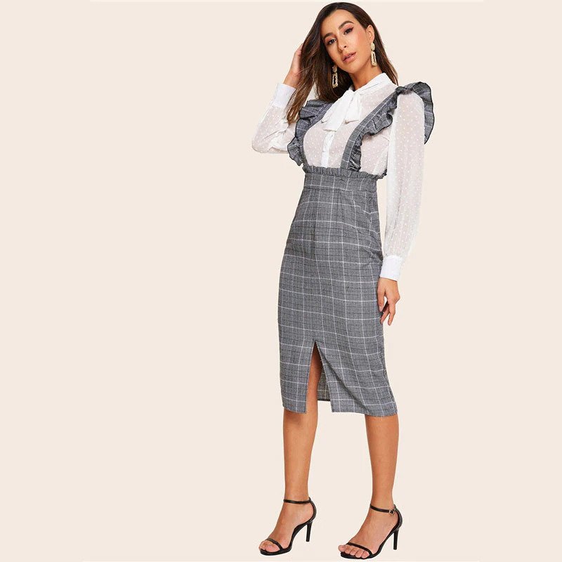 Women Split Hem Ruffle Trim Strap Glen Plaid Skirts - Image 5