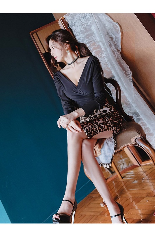 sexy v neck blouse + high waist leopard skirts suit bandage - Image 4