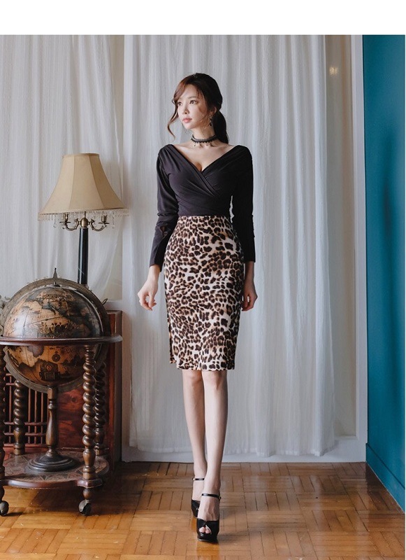 sexy v neck blouse + high waist leopard skirts suit bandage