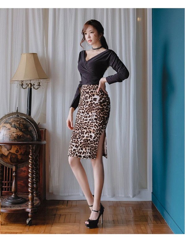 sexy v neck blouse + high waist leopard skirts suit bandage - Image 3