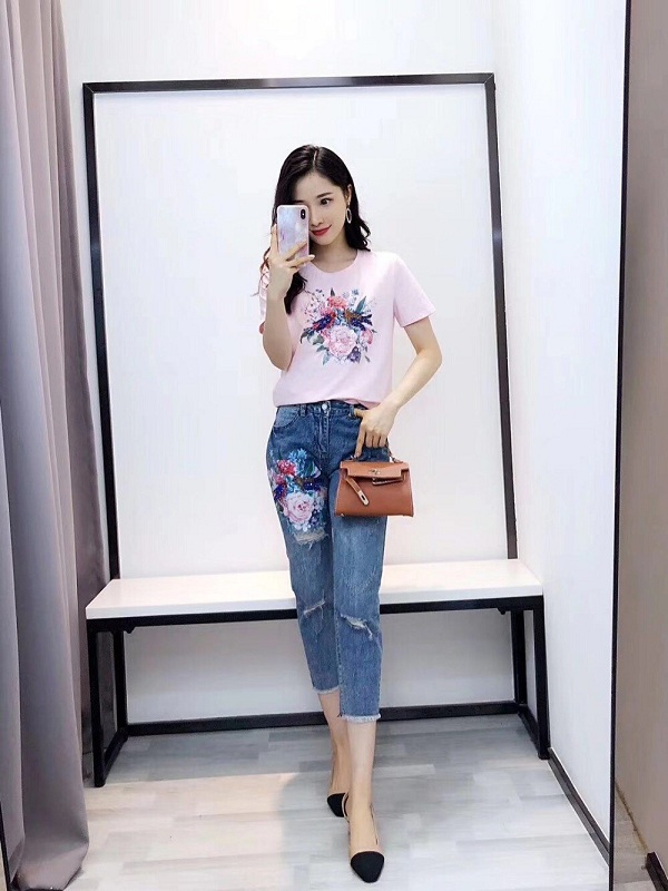 women beading flower Tshirts jeans Pants casual clothing 2 piece set