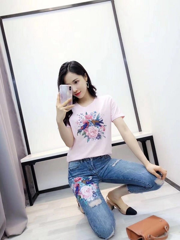 women beading flower Tshirts jeans Pants casual clothing 2 piece set - Image 2