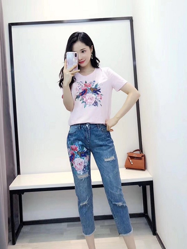 women beading flower Tshirts jeans Pants casual clothing 2 piece set - Image 3