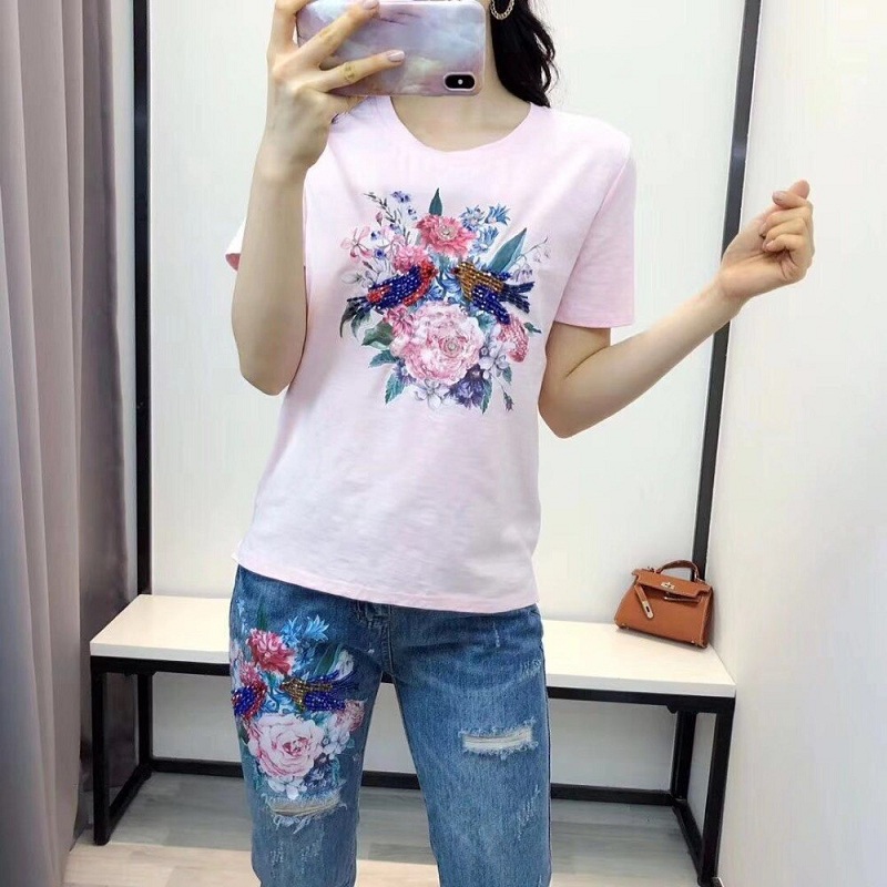 women beading flower Tshirts jeans Pants casual clothing 2 piece set - Image 5