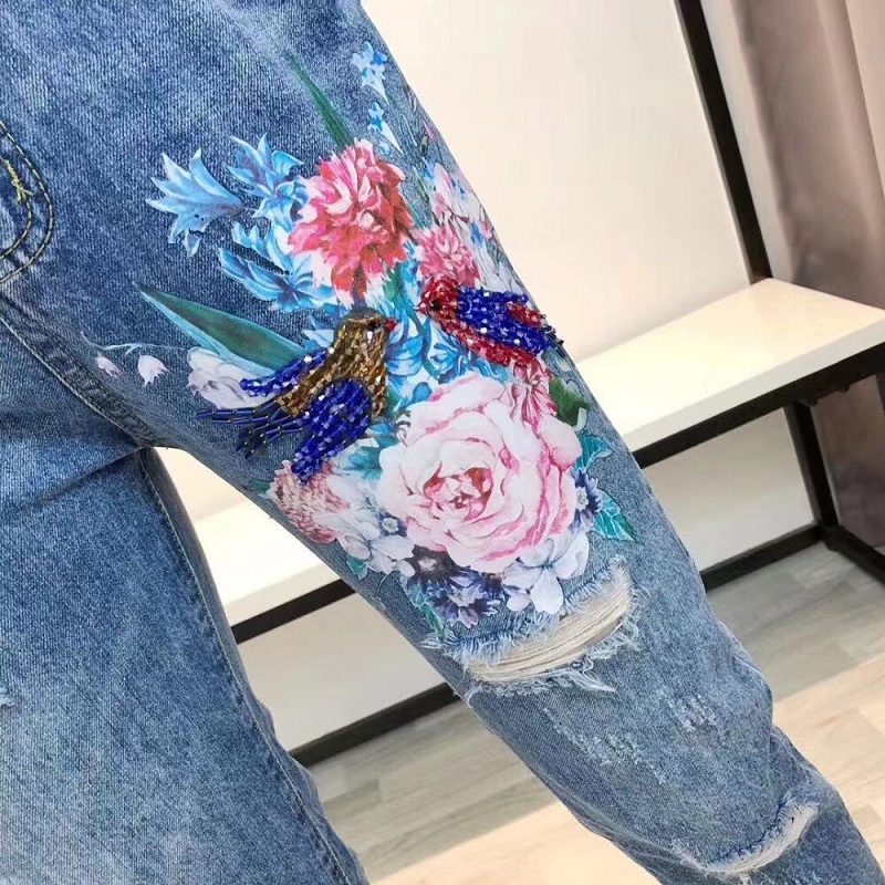 women beading flower Tshirts jeans Pants casual clothing 2 piece set - Image 6