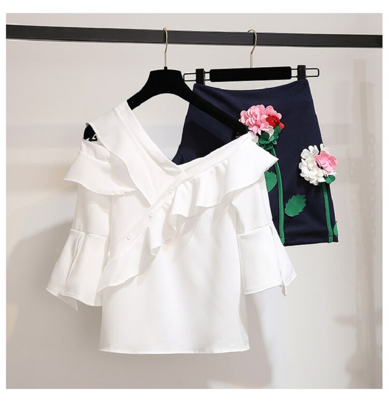women's sets sexy one shoulder white ruffles chiffon tops flower embroidery mini skirt