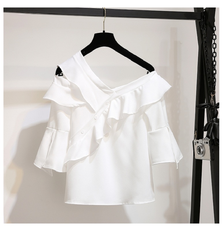 women's sets sexy one shoulder white ruffles chiffon tops flower embroidery mini skirt - Image 2