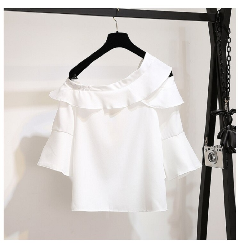 women's sets sexy one shoulder white ruffles chiffon tops flower embroidery mini skirt - Image 3