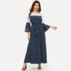 Abaya Navy Floral Flare Sleeve Lace Applique Belted Maxi Dress