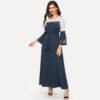Abaya Navy Floral Flare Sleeve Lace Applique Belted Maxi Dress - Image 2