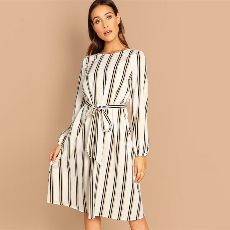Beige Boat Neck Half Sleeve Waist Knot Striped Short Dress