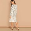Beige Boat Neck Half Sleeve Waist Knot Striped Short Dress - Image 2