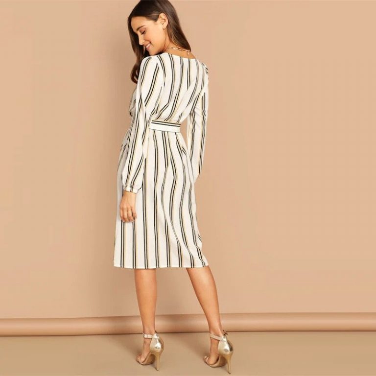 Beige Boat Neck Half Sleeve Waist Knot Striped Short Dress - Image 2
