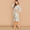 Beige Boat Neck Half Sleeve Waist Knot Striped Short Dress - Image 3