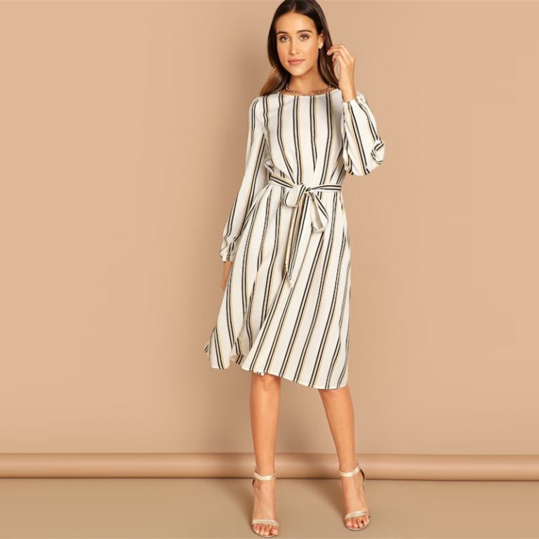 Beige Boat Neck Half Sleeve Waist Knot Striped Short Dress - Image 4