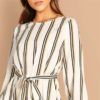 Beige Boat Neck Half Sleeve Waist Knot Striped Short Dress - Image 5