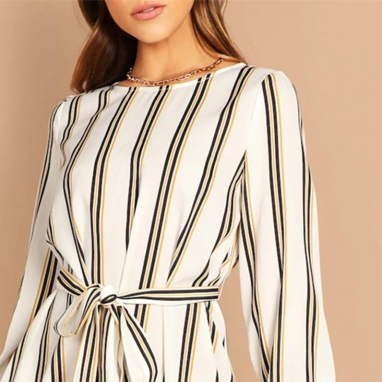 Beige Boat Neck Half Sleeve Waist Knot Striped Short Dress - Image 5