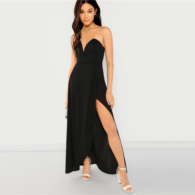 Black Bandeau Off Shoulder Split Solid Dress Party Sexy Slim Maxi Dresses