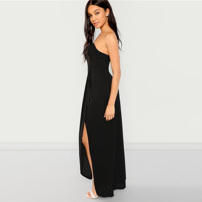 Black Bandeau Off Shoulder Split Solid Dress Party Sexy Slim Maxi Dresses - Image 2