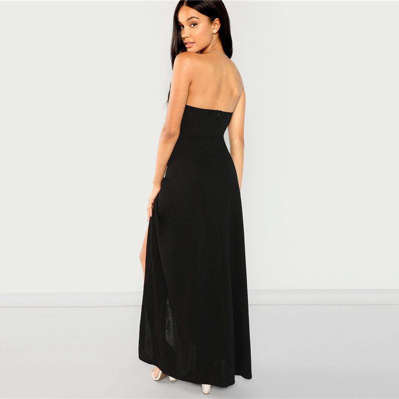 Black Bandeau Off Shoulder Split Solid Dress Party Sexy Slim Maxi Dresses - Image 3