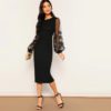 Black Embroidery Mesh Insert Stretchy Bishop Sleeve Fitted Bodycon Dress - Image 3