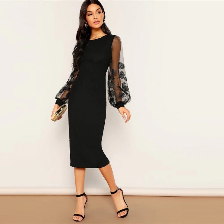 Black Embroidery Mesh Insert Stretchy Bishop Sleeve Fitted Bodycon Dress - Image 3