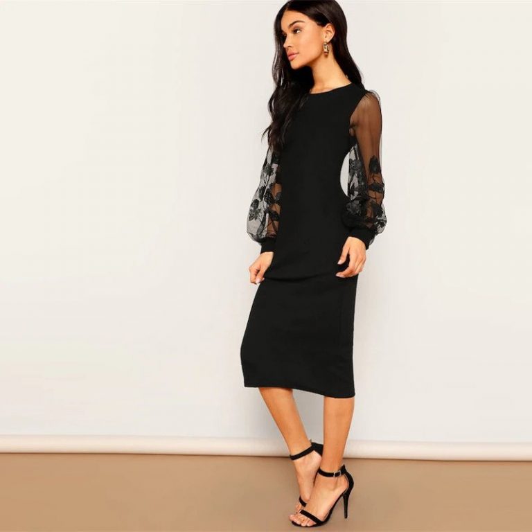 Black Embroidery Mesh Insert Stretchy Bishop Sleeve Fitted Bodycon Dress - Image 4